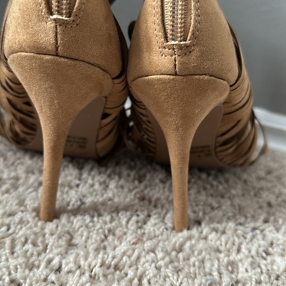 Tan fringed high heels Charlotte Russe brown booties open toe stilettos - Picture 4 of 6